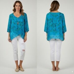 Vintage‎ Click by Color Me Cotton CuproRayon Abstract Top Blouse XL Blue Green